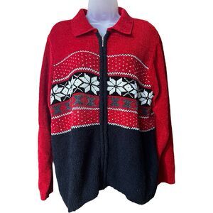 Vtg Parisian Works Red Nordic Fair Isle Zip Front Cardigan Sweater w/Collar Sz M